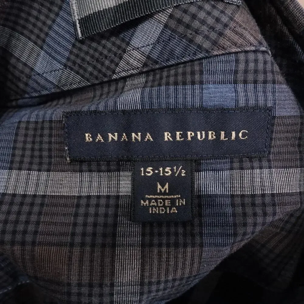 Banana Republic Shirt Mens Medium Blue Gray Plaid Western Pearl Snap Long Sleeve